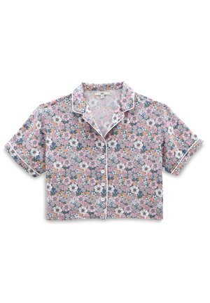 Kortærmet skjorte med knapper og rynket krave, pink, hvid og orange blomsterprint samt hvide kanter på manchetterne og kanterne.