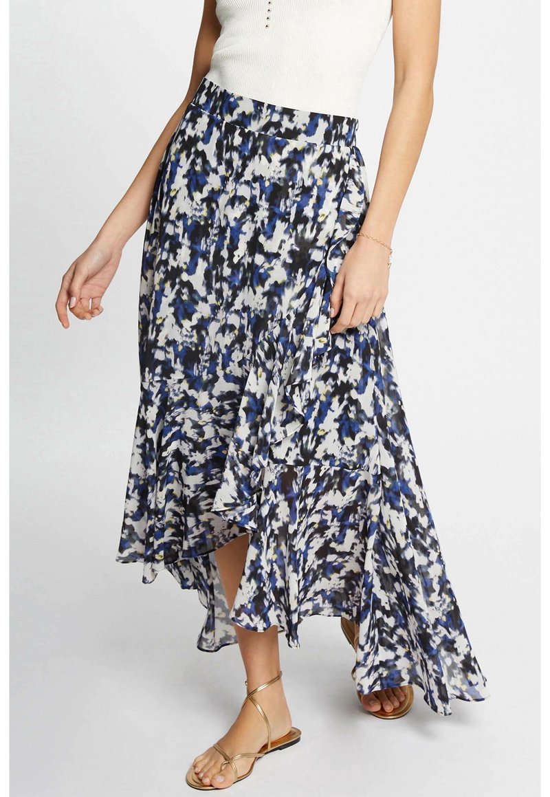 Falda maxi de chiffon floral con un dobladillo asimétrico, que presenta patrones en azul, negro y blanco. Cintura elástica para mayor comodidad y facilidad de uso.