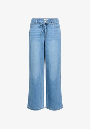 Hele sinised laia lõikega teksad nöörvööga, klassikalise viie taskuga ja peene tuhmumisega teksariidel.