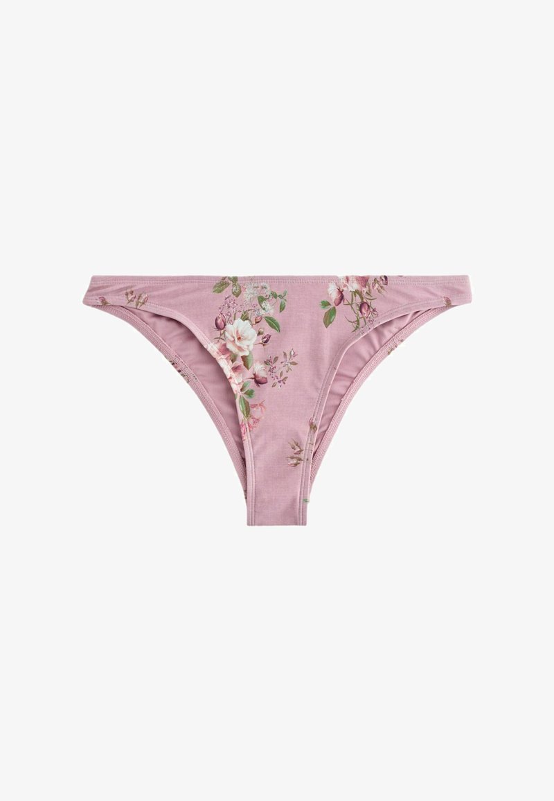 Mutandine stile bikini con stampa floreale rosa, foglie verdi e fiori rosa in varie tonalità su tessuto morbido.