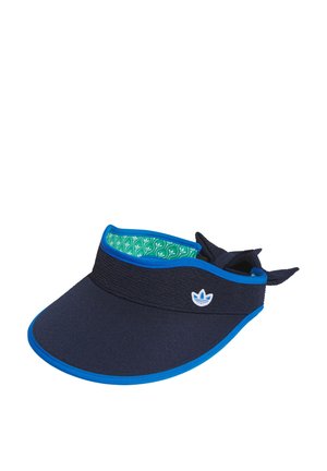 Marineblaue Visierkappe mit leuchtend blauem Rand und Bindeband, mit kleinem weiß-blauem Markenlogo und gemustertem grünem Innenfutter.