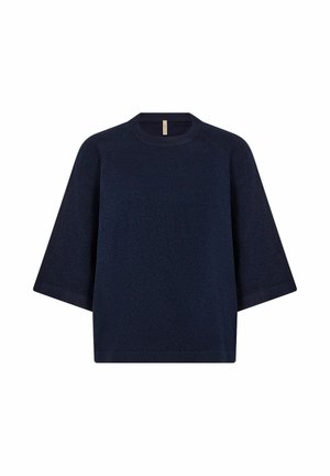 Pulover tricotat de culoare bleu marin, cu guler rotund și mâneci scurte. Prevăzut cu un finisaj texturat și o siluetă relaxată, stil boxy.