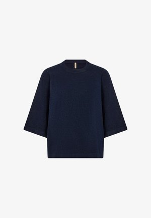 Navy blue knit sweater with a round neckline and short sleeves. Features a textured finish and a relaxed, boxy silhouette.