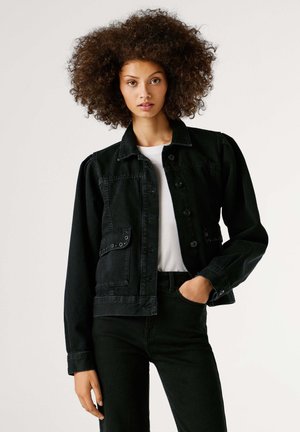 Black denim jacket with a classic collar, button closure, and front pockets. Features a structured fit and contrasting hardware accents.