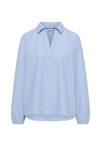 Blouse à manches longues bleu clair avec col en V, col et poignets élastiques, en tissu léger, présentée sur fond blanc.