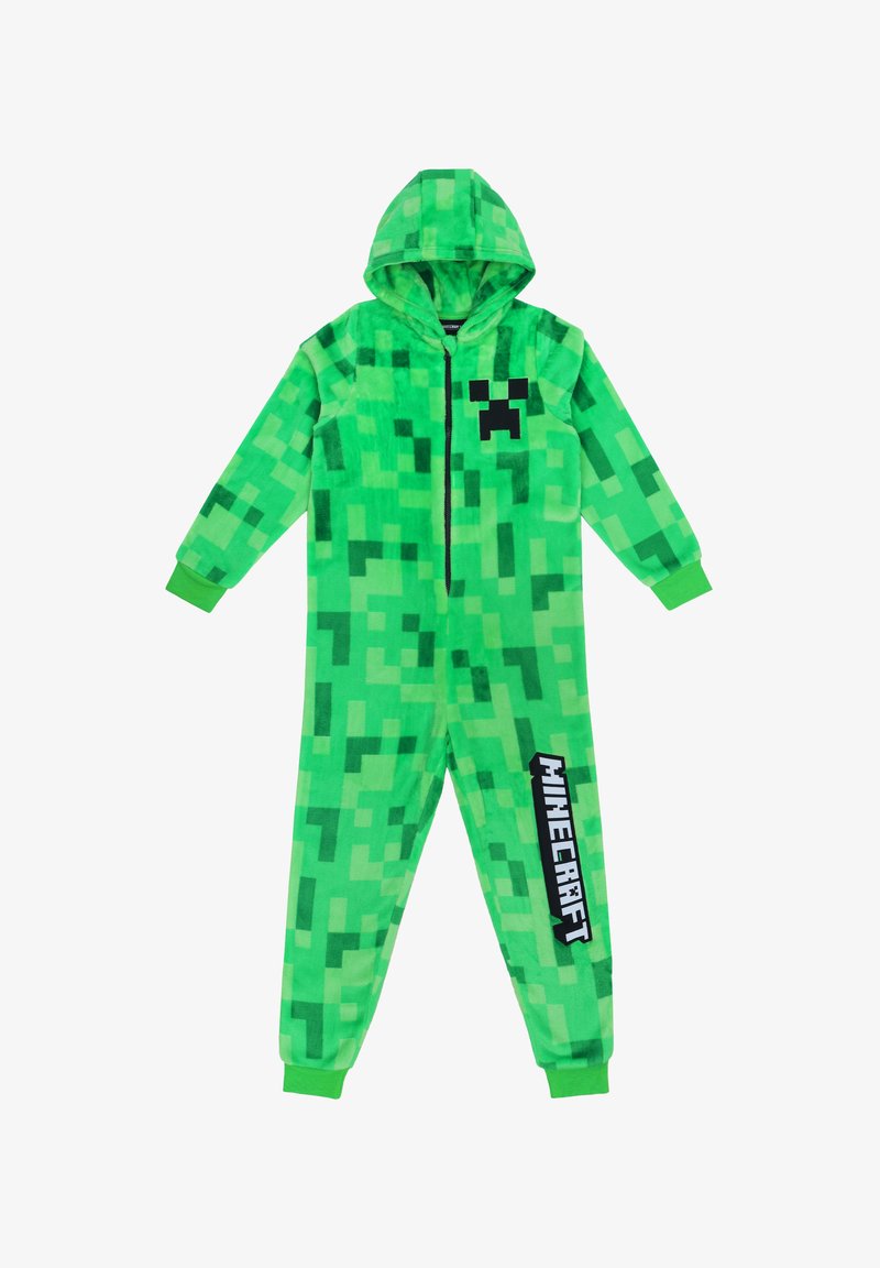 Grüner Fleece-Overall mit pixeliertem Minecraft-Design, Kapuze, Reißverschluss und gerippten Bündchen mit "Minecraft"-Text an der Seite.