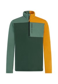 Pullover in pile con colletto a zip, caratterizzato da blocchi di colore verde e arancione. Tessuto testurizzato e logo sulla zona del petto. Maniche lunghe.