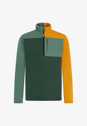 Fleece puloveris su užtrauktuku, turintis žalių ir oranžinių spalvų blokus. Tekstūruota medžiaga ir logotipas krūtinės srityje. Ilgos rankovės.