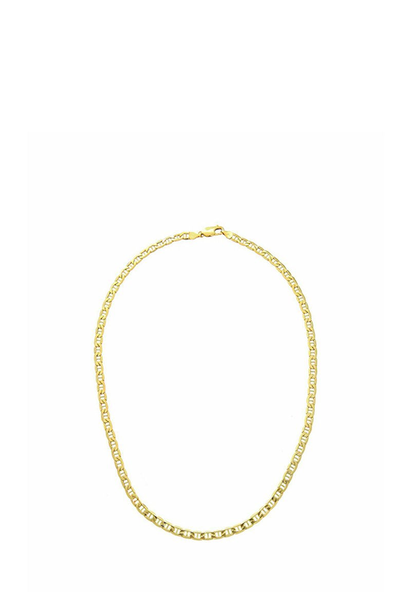 Necklace od zlatne boje s lancem koji se sastoji od okruglih karika s glatkom površinom, osiguran kopčom u obliku jastoža. Jednostavan dizajn s ravnomjernim razmakom.