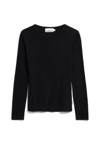 Langärmliges schwarzes Baumwoll-T-Shirt mit Rundhalsausschnitt, weichem Material und einem Logotag an der unteren Seite.