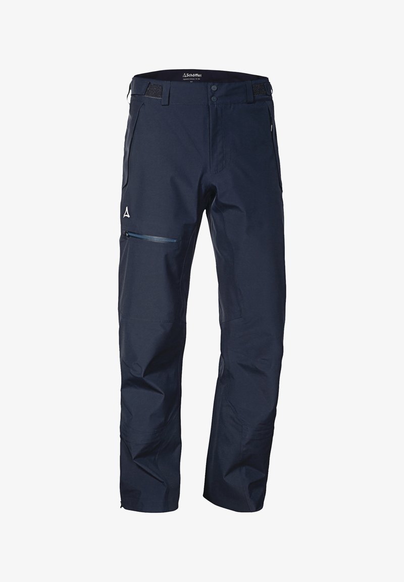 Pantaloni da sci impermeabili blu navy con texture liscia, vita regolabile, tasca laterale con zip e cuciture rinforzate per una maggiore durata.