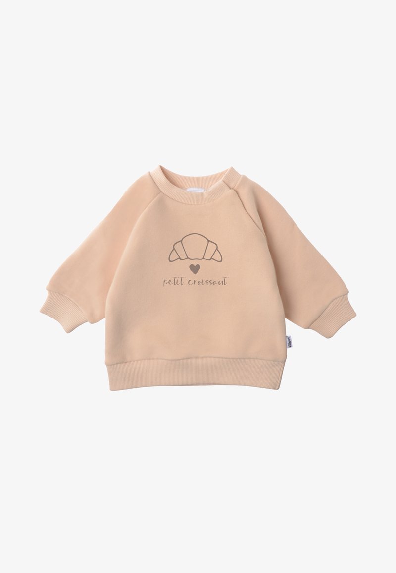 Beige Sweatshirt mit Raglanärmel, gerippte Bündchen und rundem Halsausschnitt. Auf der Vorderseite ist ein Croissant-Graphic und der Text "petit croissant" zu sehen.