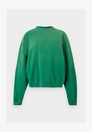 Grønn crewneck genser med lange ermer, ribbestrikkede mansjetter og kant, og lite brodert blått logo på venstre bryst.