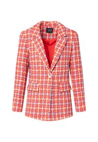 Rood en blauw gestreepte blazer met een ingeweven kraag, enkele knopen sluiting en twee voorzakken. Heeft een heldere binnenvoering.