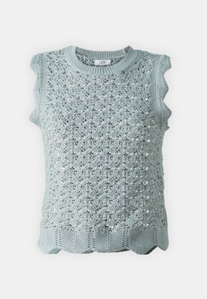 Top tricoté bleu clair avec un motif texturé, des bords festonnés et des manches courtes. Fabriqué dans un matériau respirant avec un tissage ouvert.