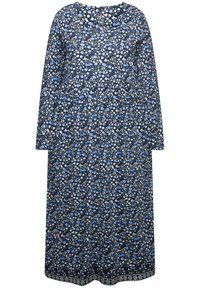 Długa niebieska sukienka z długim rękawem, w kwiatowy wzór w jasnoniebieskim i białym kolorze, z okrągłym dekoltem i zwiewnym krojem. Teksturowana tkanina.