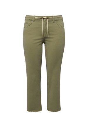 Olivgrüne kurze Hose mit Kordelzugbund, Gürtelschlaufen, Vordertaschen und ausgefransten Säumen.