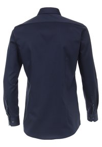 Navy blauwe langemouwen overhemdd met een standaard kraag, een gladde textuur en knoopmanchetten. De achterkant toont geen patronen of logo's.