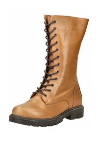 Laarzen tot de knie met veters, gemaakt van tan leer met een gestructureerde afwerking, zwarte oogjes en een robuuste rubberen zool voor grip.
