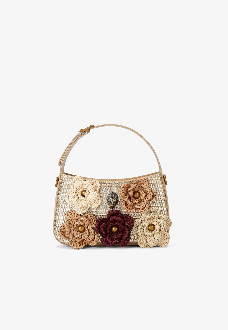 Sac à main en paille tissée avec une forme courbée, comportant cinq appliqués floraux texturés et multicolores et un fermoir doré.