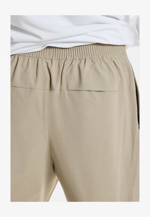 Light beige shorts with an elastic waistband, featuring a smooth texture and no visible patterns or accents. Close-up of the back view.