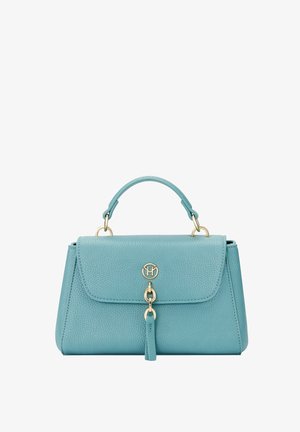 Teal leren handtas met een gestructureerde vorm, bovenhandvat, gouden hardware, voorflap en logo-accent. Textuur oppervlakte met een gepolijste afwerking.