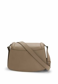 Tan leather crossbody bag with a structured shape, adjustable strap, and subtle logo detail. Smooth texture and clean lines characterize the design.