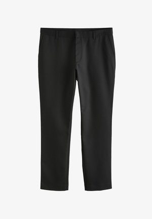 Pantaloni neri realizzati in un tessuto liscio e leggero. Presentano un taglio dritto classico, due tasche laterali e un design della vita pulito.