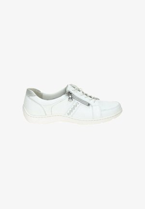White low-top casual sneaker with side zipper, laces, and patterned stitching on white sole.