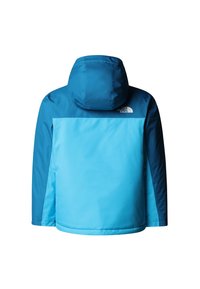 Geacă albastră impermeabilă cu glugă, umeri contrastanți de culoare albastru închis și un logo pe spate. Textură netedă cu un design simplu.