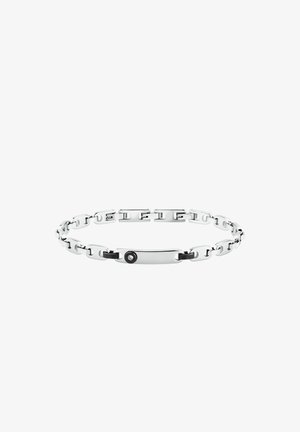 Bracciale a catena d'argento con maglie rettangolari e una piastra centrale liscia con un piccolo dettaglio rotondo nero e argento.