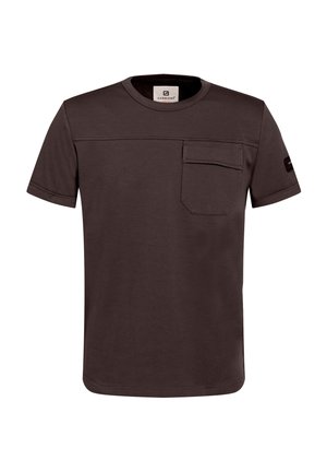 Dark brown short-sleeve T-shirt with crew neck, chest pocket, and subtle stitching details. Made from soft, textured fabric.