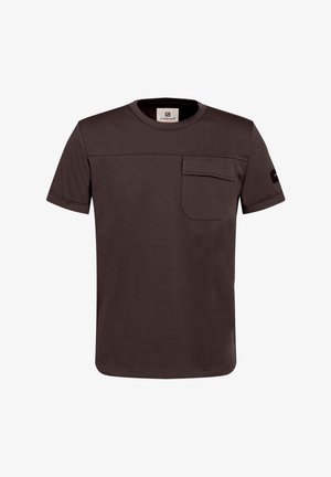 Dark brown short-sleeve T-shirt with crew neck, chest pocket, and subtle stitching details. Made from soft, textured fabric.