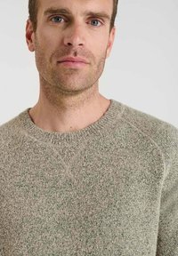 Grau-grüner Strickpullover mit Rundhalsausschnitt und Raglanärmeln. Hergestellt aus strukturiertem Stoff, der ein dezentes Muster aufweist.