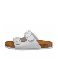 White two-strap sandal with adjustable buckles, cork footbed, and rubber sole, featuring a smooth upper and textured footbed for comfort.