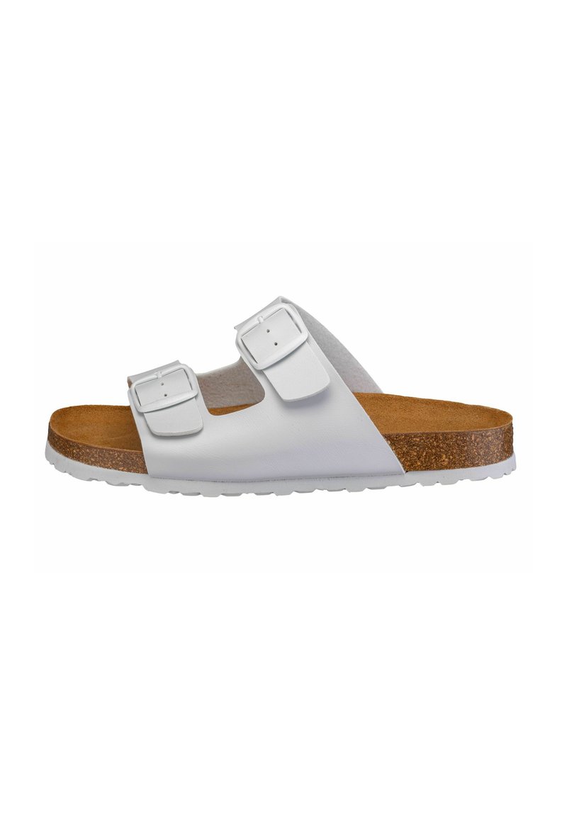 White two-strap sandal with adjustable buckles, cork footbed, and rubber sole, featuring a smooth upper and textured footbed for comfort.