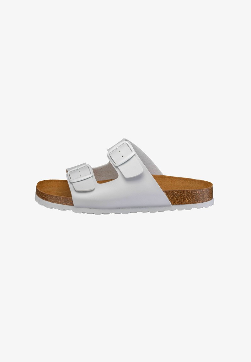 White two-strap sandal with adjustable buckles, cork footbed, and rubber sole, featuring a smooth upper and textured footbed for comfort.