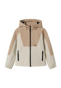 Leichte, zweifarbige Jacke in Beige und Creme. Sie verfügt über eine Kapuze, einen Reißverschluss vorne, zwei Seitentaschen und elastische Bündchen. Hergestellt aus weichem, wasserabweisendem Material.