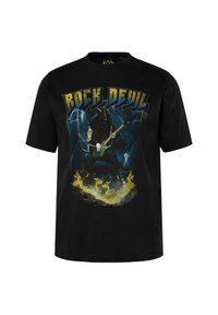 Černé bavlněné tričko s grafickým potiskem postavy s kytarou, obklopené žlutými plameny a blesky, s nápisem "ROCK DEVIL".