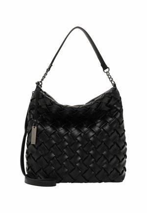 Schwarze, gewebte Lederhandtasche mit einem einzelnen oberen Griff mit Kettengliedern und einem verstellbaren Schulterriemen.