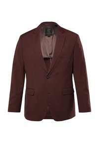 Blazer bordeaux con revers a punta, chiusura a un bottone, due tasche frontali e una fodera interna liscia. Tessuto testurizzato con un motivo sottile.