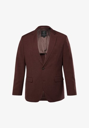 Bordeaux blazer met een notch-kraag, enkele knoopsluiting, twee voorzakken en een gladde voering. Gestructureerde stof met een subtiel patroon.