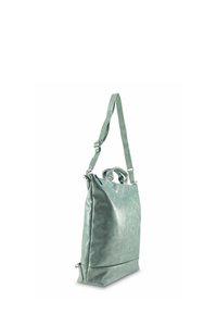 Borsa in ecopelle verde con forma strutturata, tracolla regolabile e doppi manici superiori. Texture liscia con una leggera lucentezza.
