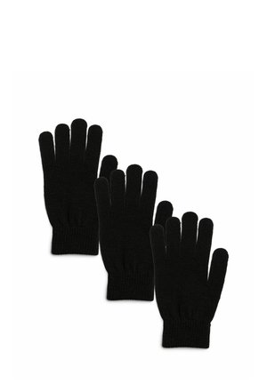 Tres guantes negros de punto dispuestos en fila diagonal sobre un fondo blanco.