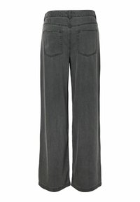 Donkere grijze denim jeans met wijde pijpen en hoge taille, twee achterzakken en riemlussen, van achteren getoond tegen een witte achtergrond.