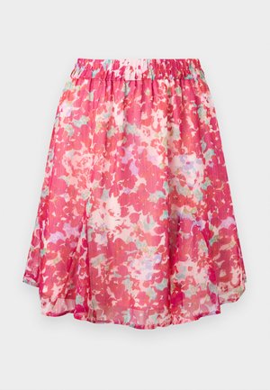 Jupe rose à fleurs, longueur au genou, avec une ceinture élastique et un tissu léger et fluide.