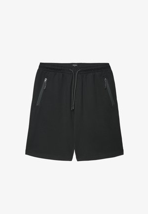 Shorts casual neri con elastico in vita, coulisse regolabile e tasche laterali con zip.