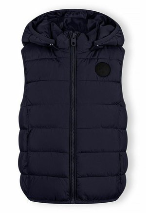 Veste matelassée sans manches bleu marine avec capuche, fermeture éclair à l'avant et logo rond noir sur la poitrine gauche.