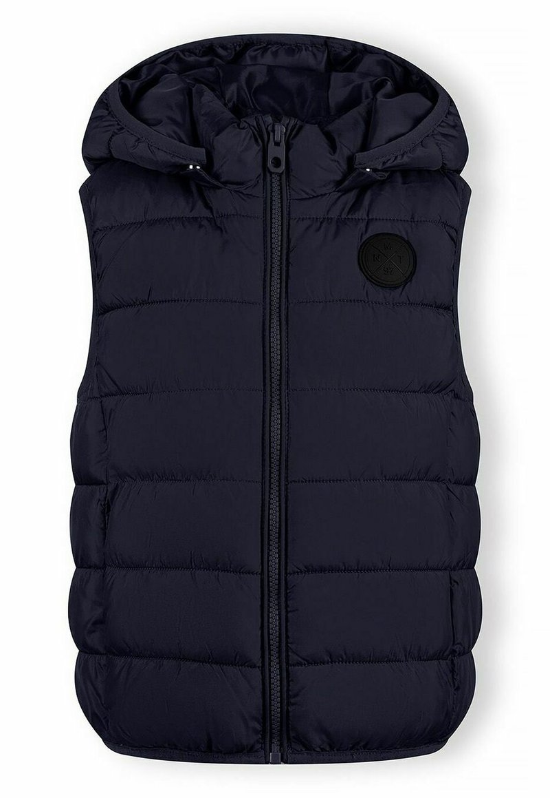 Veste matelassée sans manches bleu marine avec capuche, fermeture éclair à l'avant et logo rond noir sur la poitrine gauche.