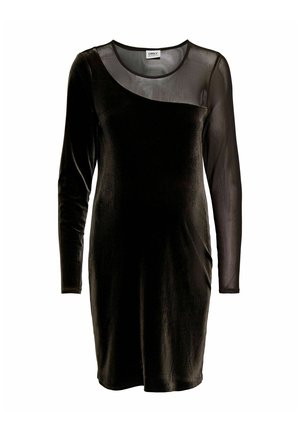 Vestido negro de terciopelo hasta la rodilla con mangas largas translúcidas y un panel asimétrico translúcido en el escote.
